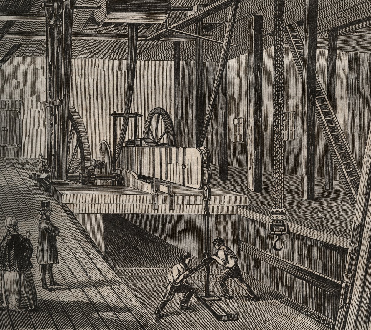 帕西自流井的钻井工作室。1856年在 "Le Musee Des Sciences "中的雕刻。 作者 未知艺术家