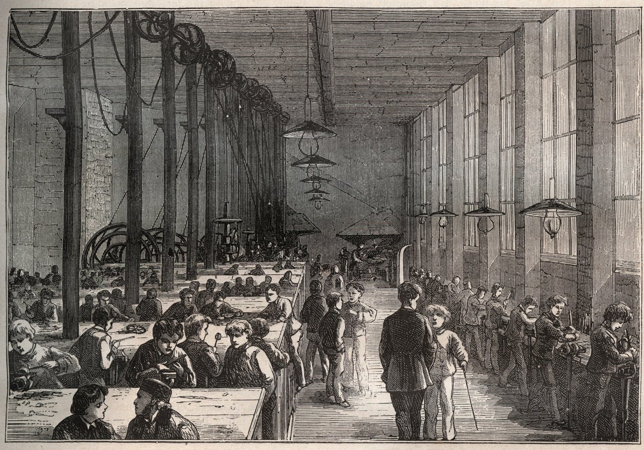 铁器车间--1875年巴黎维莱特大道市立学徒学校--雕版画 作者 未知艺术家
