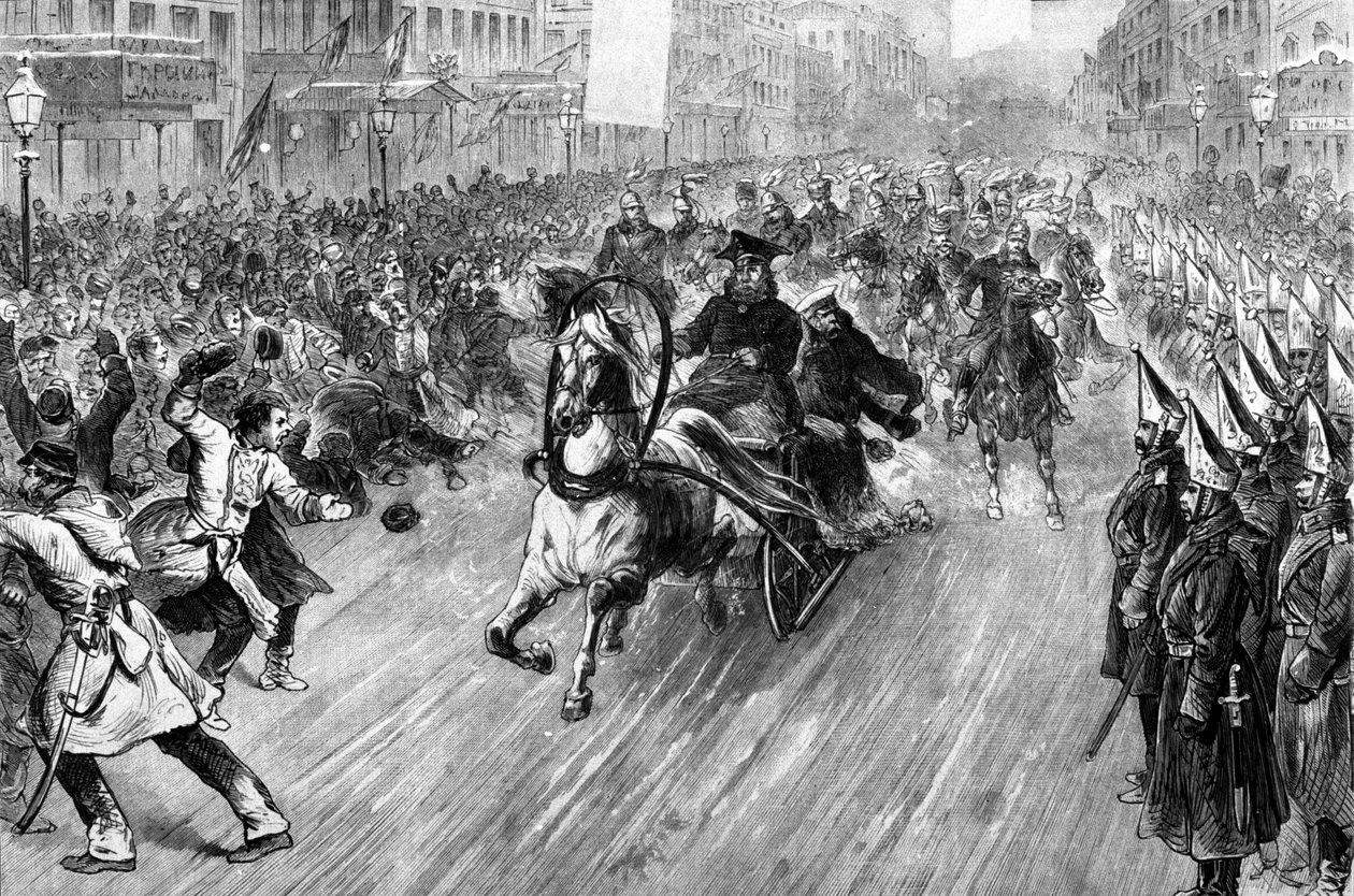 1881 年在圣彼得堡袭击沙皇亚历山大二世 (1818 - 1881)。19 世纪的插图。 作者 未知艺术家