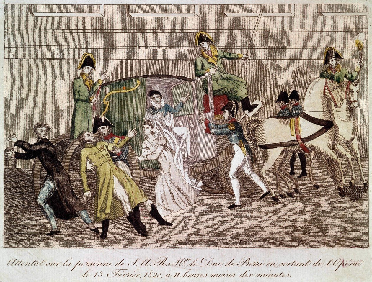 1820年2月13日，路易-皮埃尔-卢维尔在离开歌剧院时对贝里公爵的攻击。19世纪的雕版画。 作者 未知艺术家