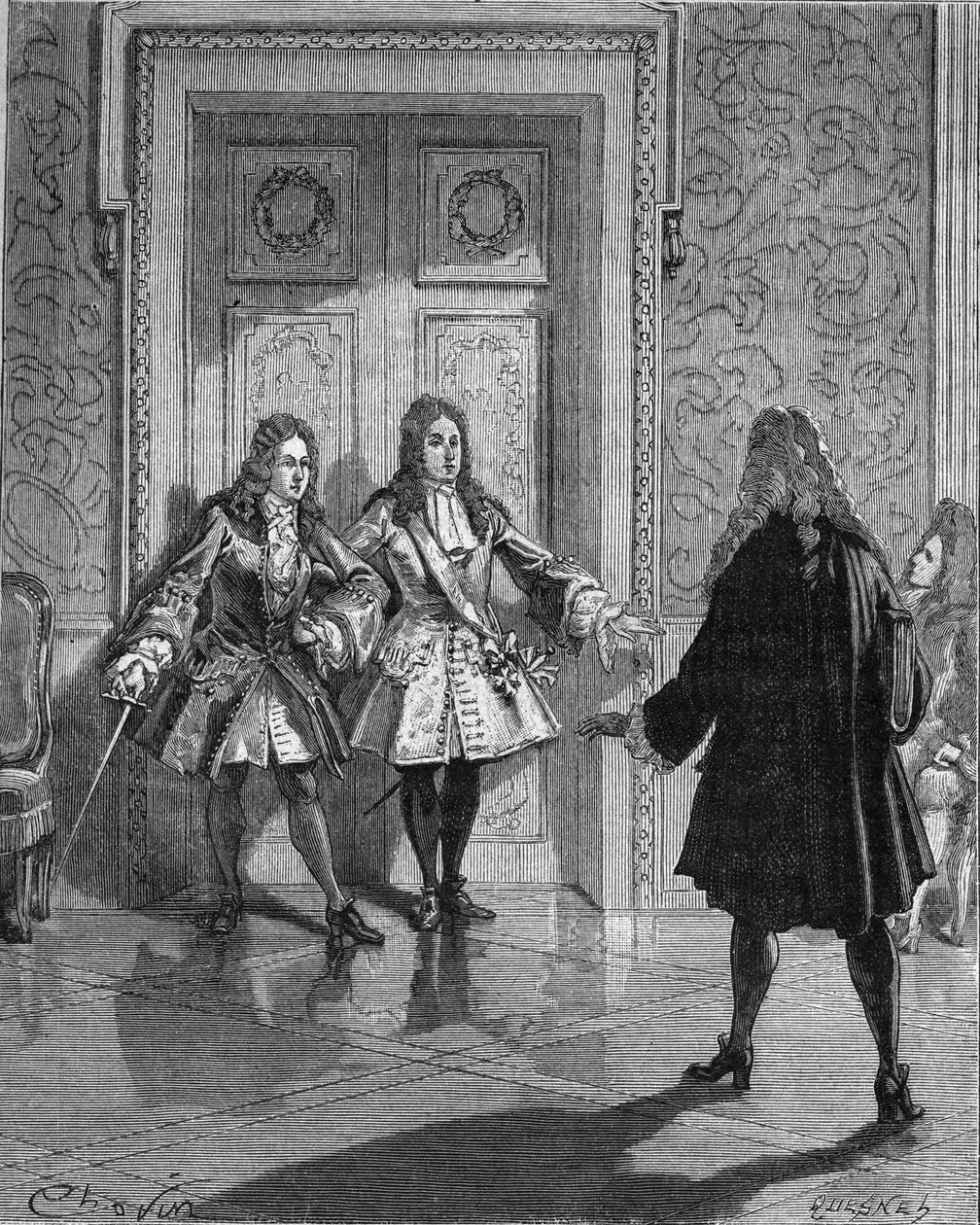 1718年8月：圣西蒙（Saint-Simon）（Louis de Rouvroy，公爵）（1675-1755）挡住了缅因公爵（Louis Auguste（路易-奥古斯特））（1670-1736）的通道。19世纪的雕版画。载于儒勒-米歇尔的《法国史》中 作者 未知艺术家