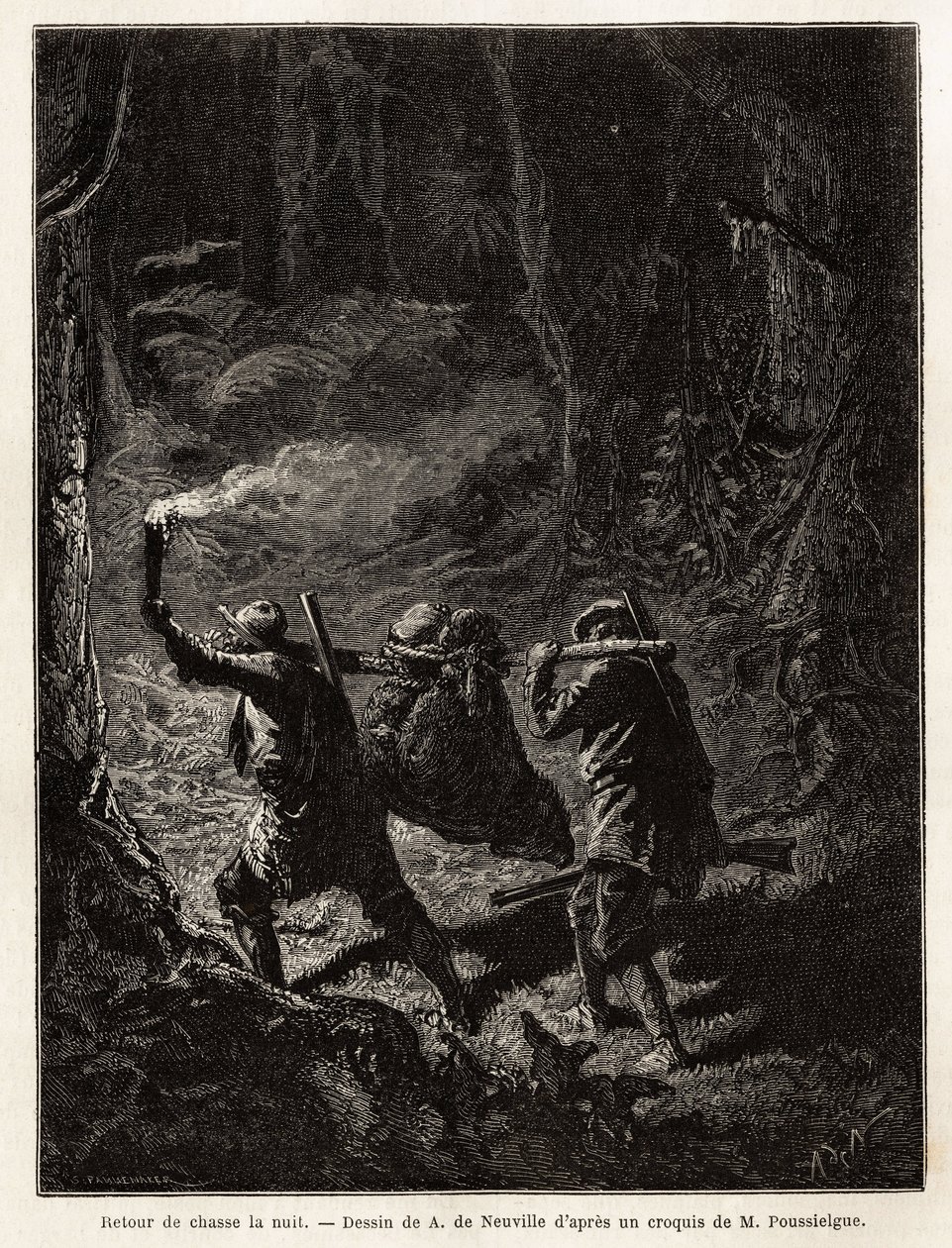 Back from hunting at night, the prey, a bear, is tied up and suspended from a branch that the hunters carry on the shoulder. Engraving to illustrate the story Quatre mois en Florida, by M. Pousselgue, in 1851-1852, published in “” le tour du monde””, under 作者 未知艺术家