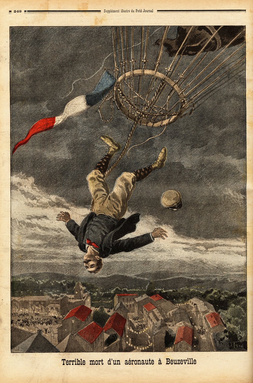 Balloon accident in Beuzeville, following a loss of gas, the aeronaut lost control and fell from his balloon, in which he had embarked without a nacelle. Engraving in “” Le petit journal”” 30/7/1899. Selva Collection. 作者 未知艺术家