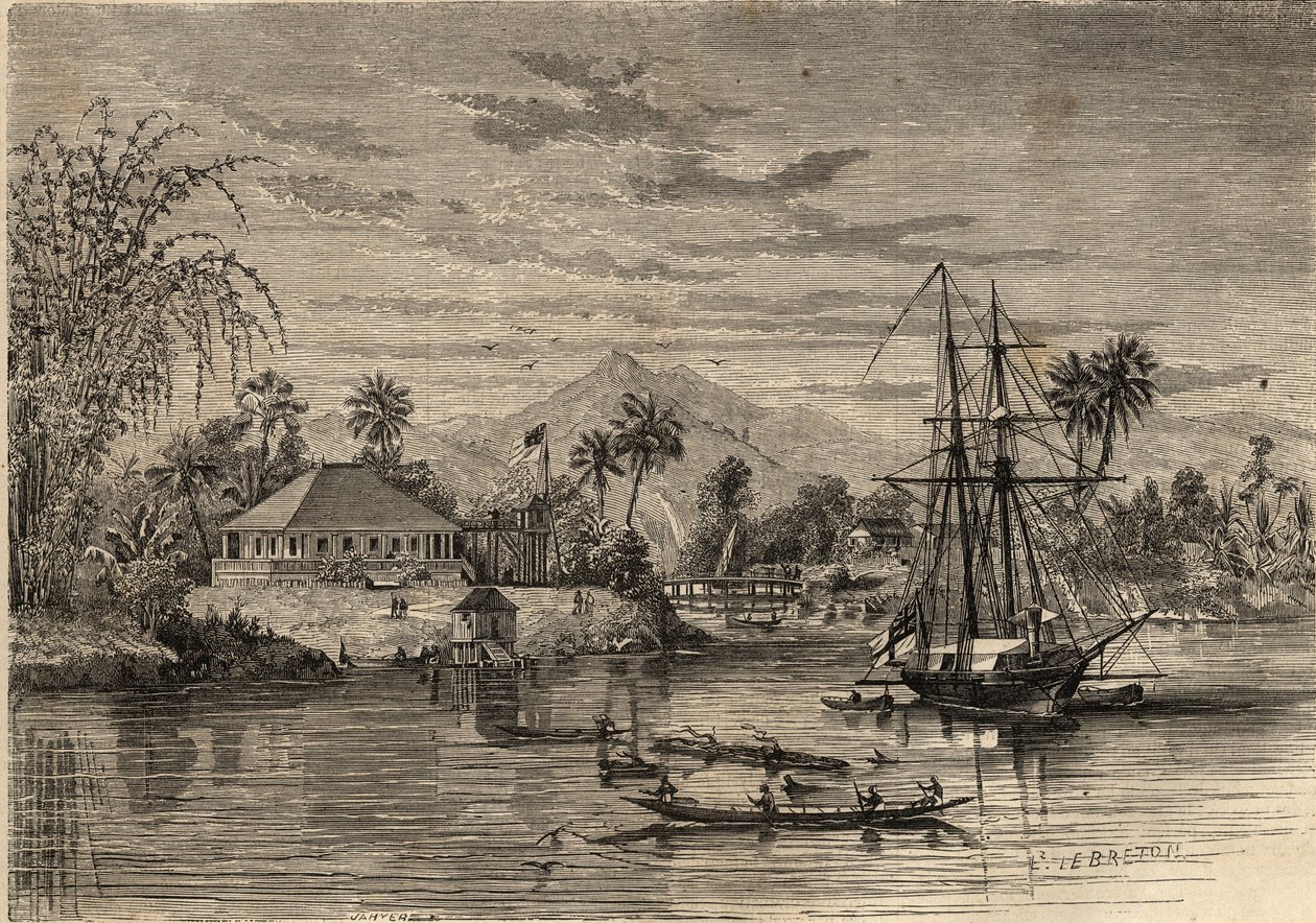 班加罗，詹姆斯-布鲁克爵士的家，被称为沙捞越的拉贾（1803-1868）英国冒险家第一个沙捞越的白人拉贾在沙捞越（婆罗洲）附近。1857年 "Le Monde illustrious "中的雕刻。私人收藏。 作者 未知艺术家