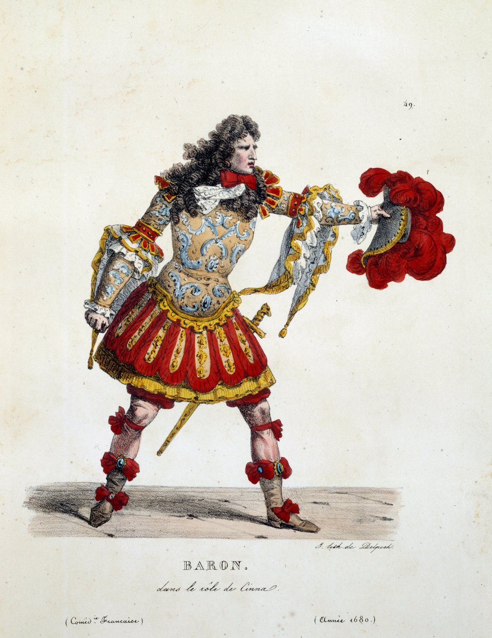 1680 年扮演 Cinna 的男爵服装。 Hippolyte Lecomte (1781-1857) 的法国喜剧服装。 19 世纪的雕刻。 科尔。 我们走吧。 作者 未知艺术家