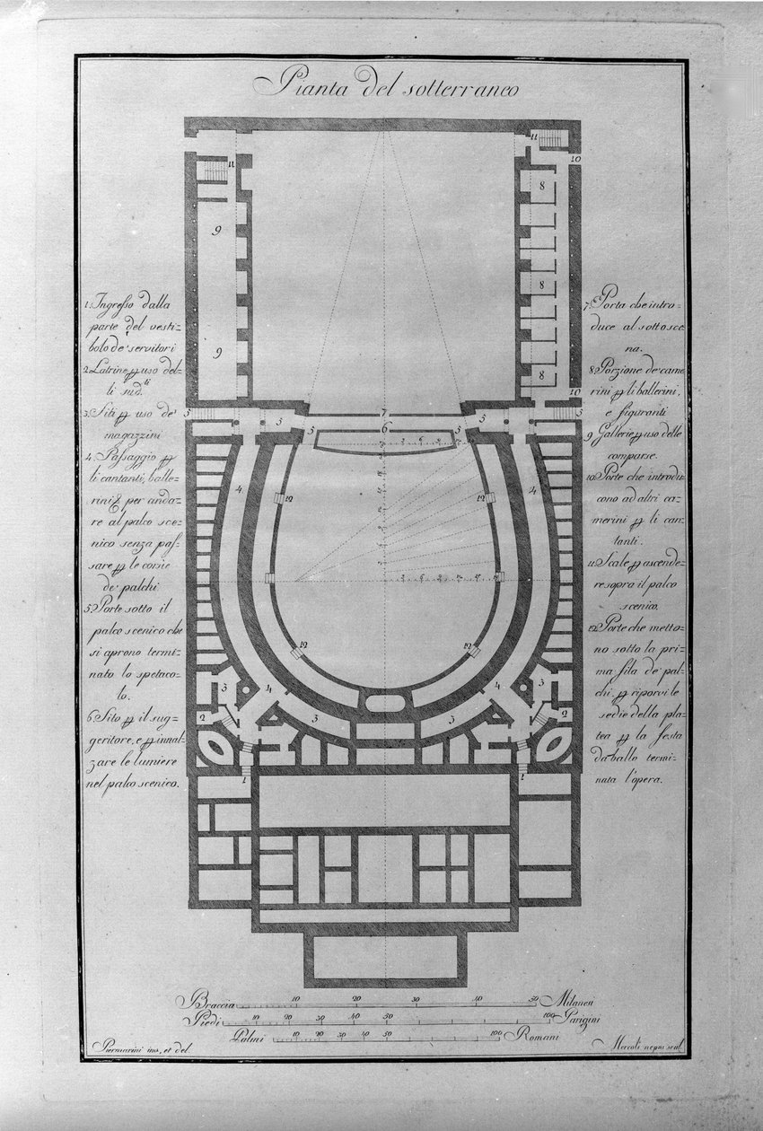 米兰斯卡拉剧院的地下室平面图。 1776-1778 年意大利 (Teatro alla scala)（米兰斯卡拉剧院地下建筑图）雕刻 作者 未知艺术家