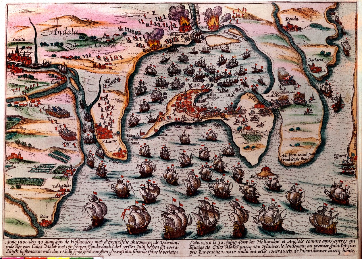 Battle Plan of Cales Males (Spain) on 30 June 1596. The fleet of the Dutch and English army enters as friends at Cales Males with 180 ships. The next day 1 July, surprised by treason, they had to abandon the city with shame. Engraving 作者 未知艺术家