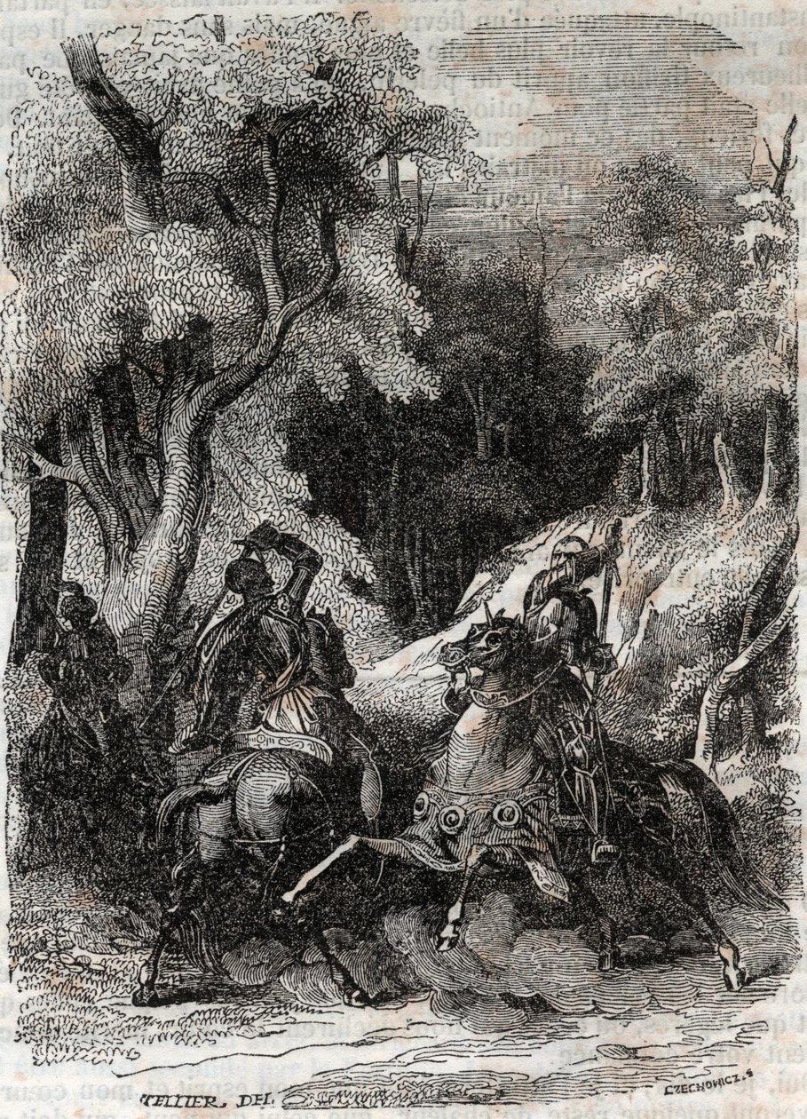 罗兰和费拉古斯之间的战斗--1851年的雕刻，出自卢多维科-阿里奥斯托的《愤怒的罗兰》（Orlando furioso）（16世纪），被称为阿里奥斯塔--由特雷桑伯爵从意大利语翻译的版本，1851年由古斯塔夫-哈佛出版。 作者 未知艺术家
