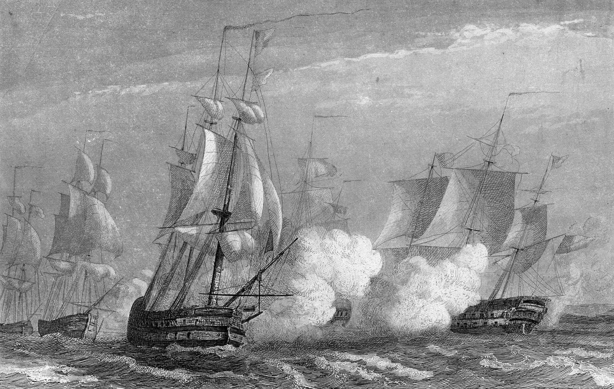 1778年法国和英国在18世纪发生的韦桑海战，载于范特纳克的 "海洋史"。 作者 未知艺术家