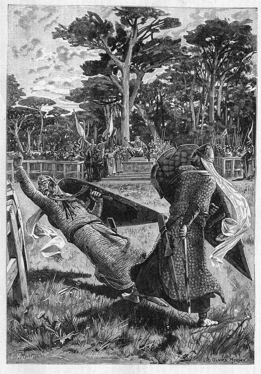 法国中世纪（Middle Ages）的皮纳贝尔骑士和蒂埃里骑士的战斗。莱昂-戈蒂埃（1832-1897）的小说《骑士》的插图。刊登在 "世界插图 "上的版画 作者 未知艺术家