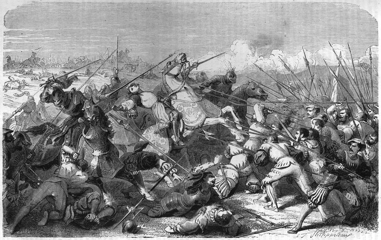 拉文纳之战（意大利），1512年4月11日内穆尔公爵加斯顿（1489-1512）之死。19世纪的雕版画。 作者 未知艺术家