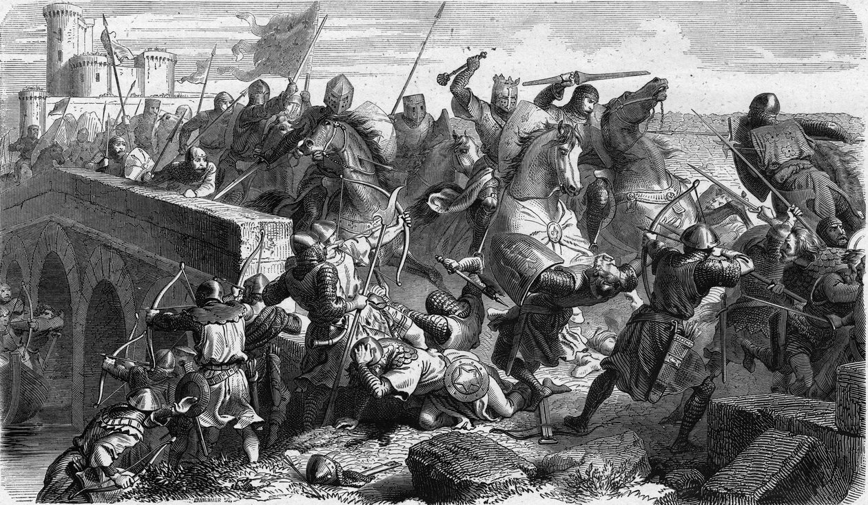 泰勒堡战役1242年，法王路易九世（圣路易，Saint Louis）和他的兄弟普瓦提埃伯爵阿尔丰斯的卡佩特军队反对他们的附庸叛乱者，英格兰的亨利三世和卢西尼昂的胡戈十世的军队 作者 未知艺术家
