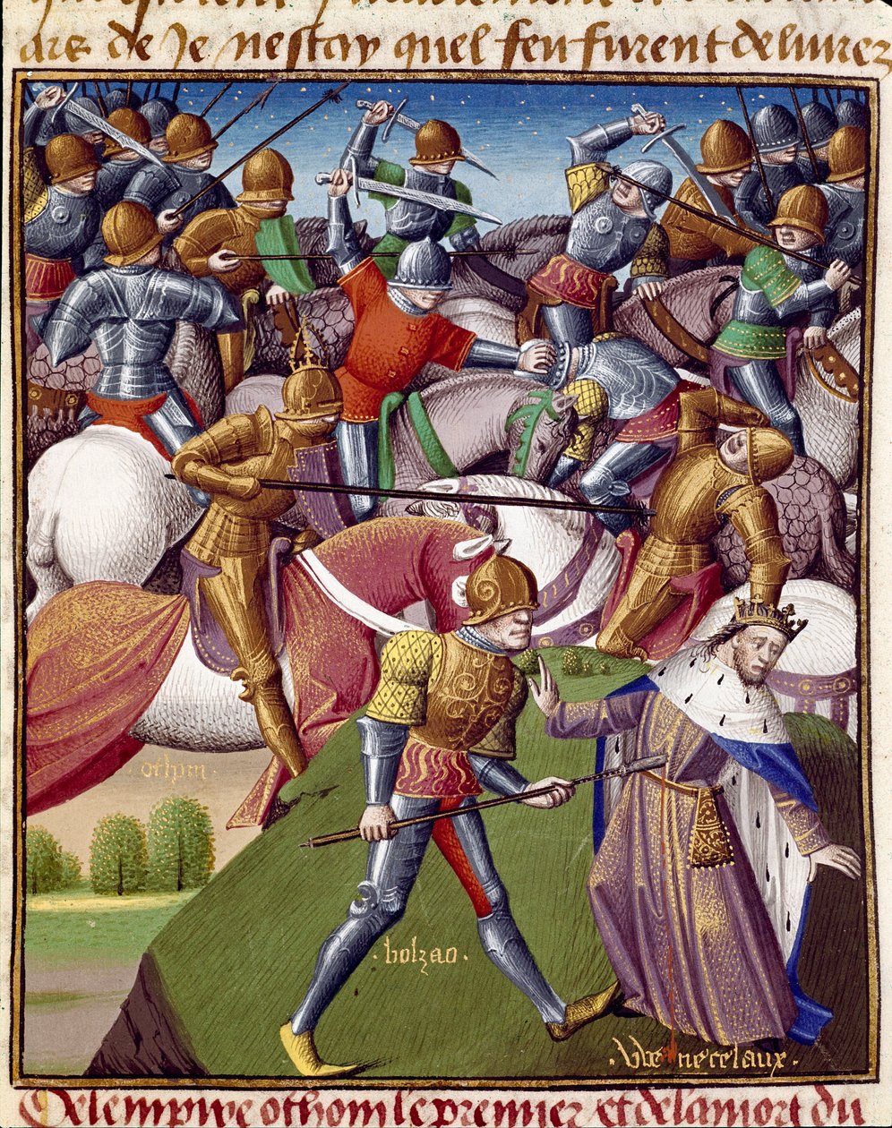 奥顿一世 (Otton or Oton I, 912-973) 的士兵之战。 文森特·德·博韦（Vincent de Beauvais，1190-1264 年）的“Le miroir historial”（Speculum Historiale）中的缩影，由让·德·维格奈 (Jean de Vignay) 翻译成法语 作者 未知艺术家