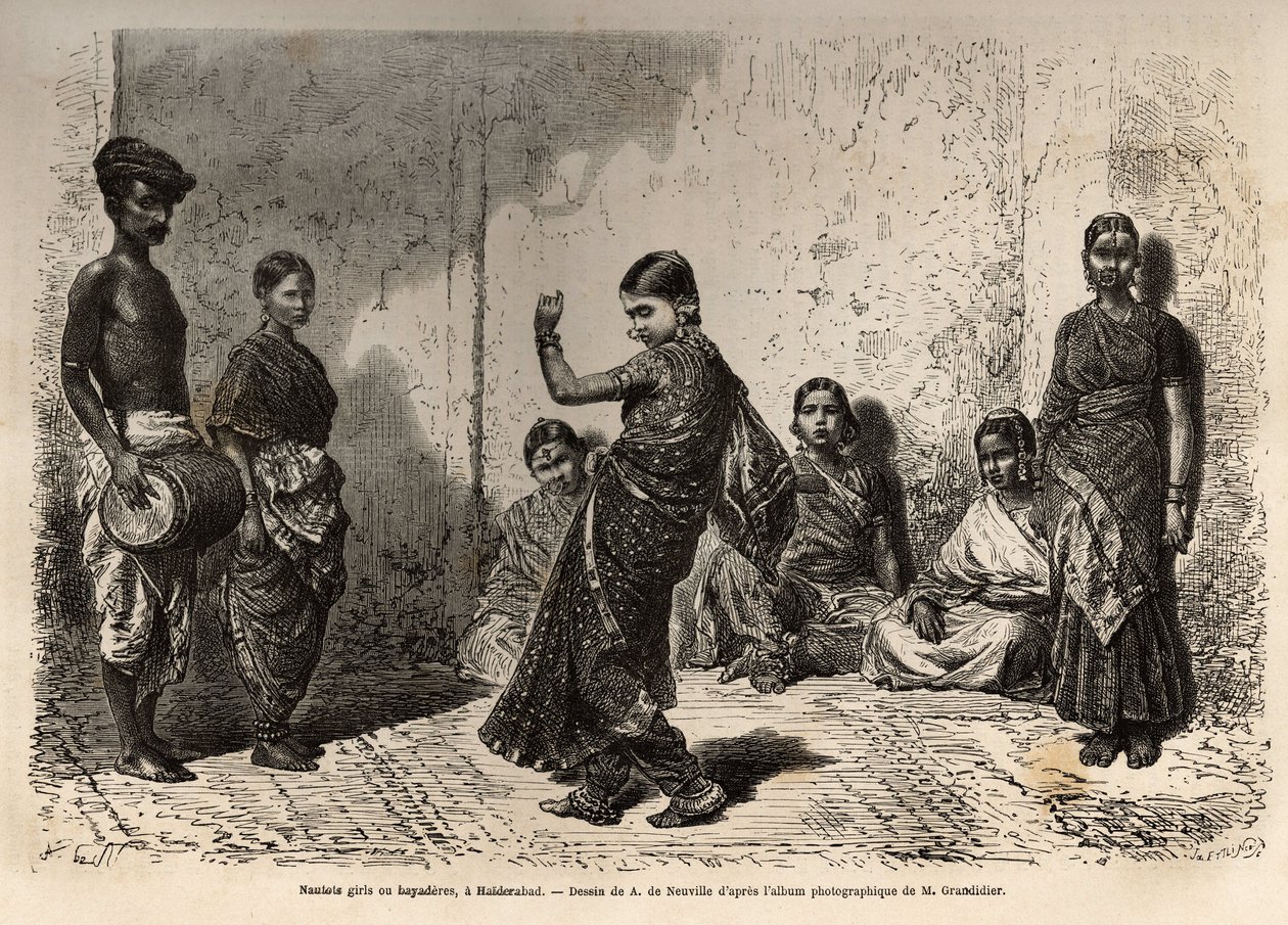 Bayaderes（或 devadasi），最初是神祇的仆人，这些献身于寺庙的年轻女孩接受了一定的教育，尤其是舞蹈的精通，并享有一定的特权，但她们作为婆罗门的女服务员和 作者 未知艺术家