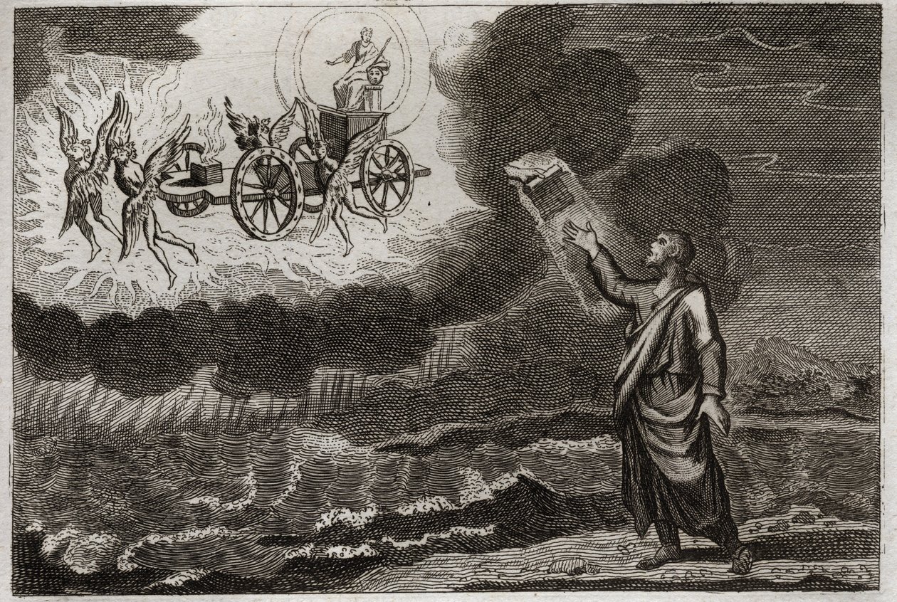 罗亚蒙的圣经，旧约。Ezekiel prophete.圣先知有一个异象，主在一辆车上向他显现，车上有四个小天使（tetramorph）。1811年的插图。 作者 未知艺术家