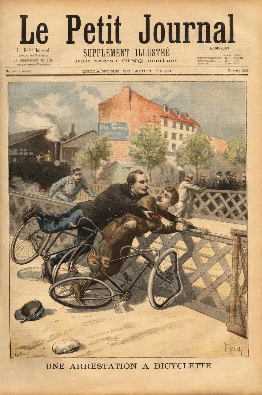 在Champigny附近逮捕自行车。1896年8月30日 "小杂志 "上的版画。塞尔瓦的收藏。 作者 未知艺术家