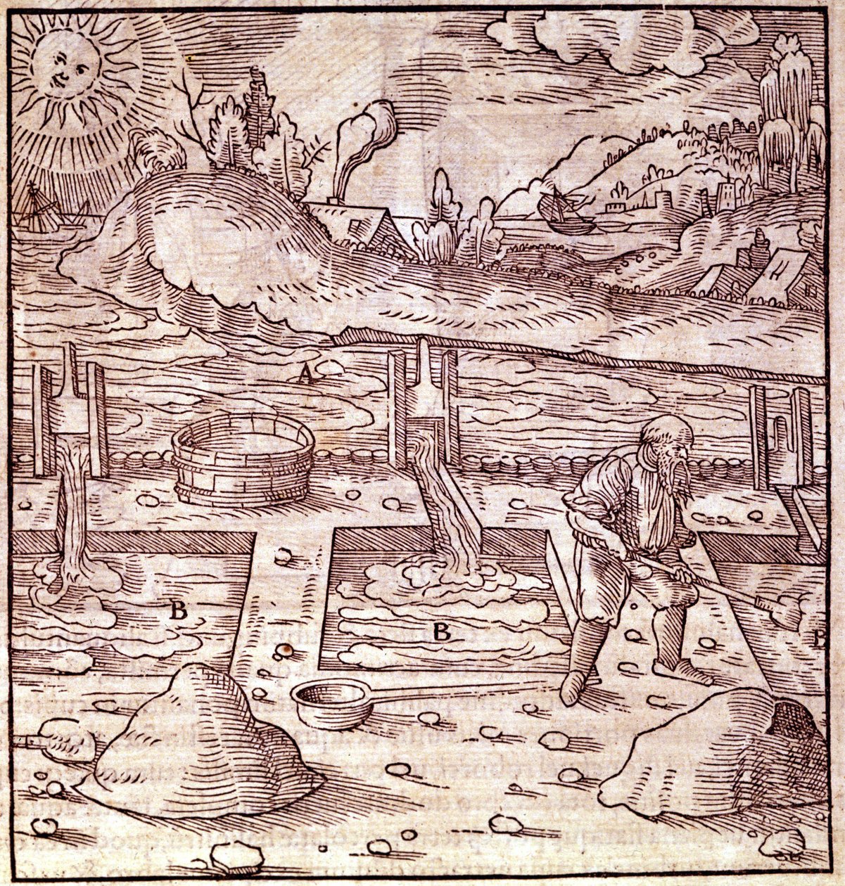 沥青收获。 乔治·鲍尔·阿格里科拉 (Georg Bauer Agricola) “De Re metala”” 16 世纪书籍。 圣经。 米兰科学博物馆。 作者 未知艺术家