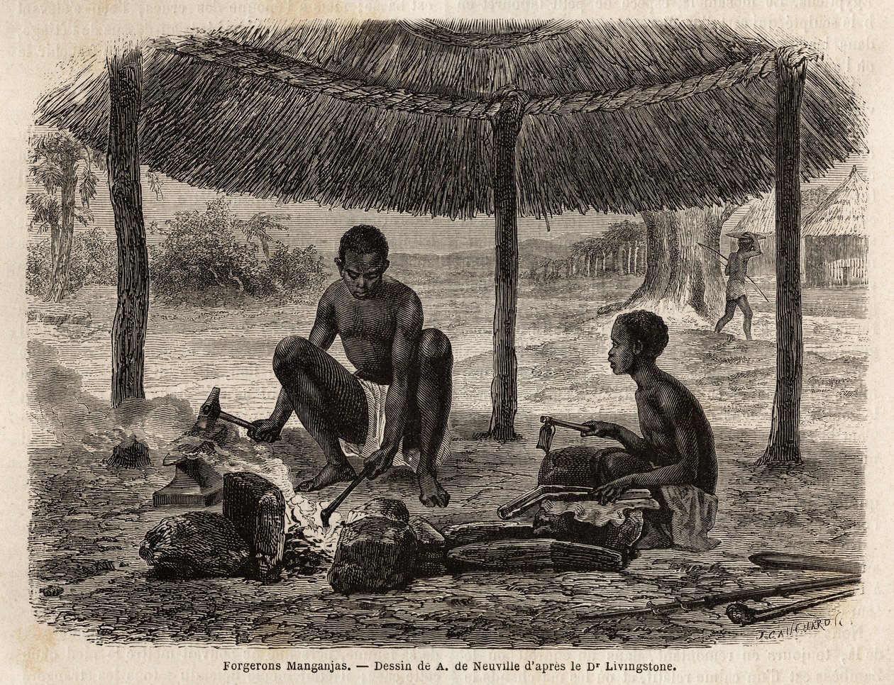 铁匠manganjas（赞比西亚地区的民族群体）。利文斯通博士从1840年到1856年首次航行到南部非洲的版画，载于爱德华-沙尔东指导出版的《世界之旅，新航行日志》。 作者 未知艺术家