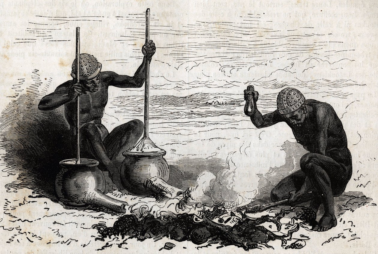 Blacksmiths Lakoutas (tribe located in the Upper Nile region), a forked wood branch serves as pliers, two stones serve as hammer and anvil, two earthen pots with long tubes at their base serve as bellows for charcoal fire, the pots are firm by a piece of s 作者 未知艺术家