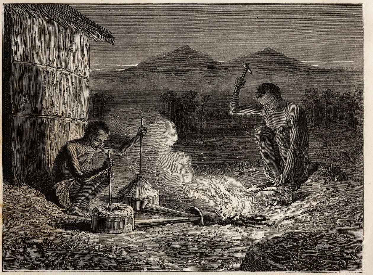 Simiango 的铁匠，位于赞比斯河畔。 在爱德华·查顿 (Edouard Charton) 指导下出版的“Le tour du monde, nouveau journal des voyages”中雕刻，说明利文斯通博士从 1840 年到 1856 年首次前往南部非洲的航行 作者 未知艺术家