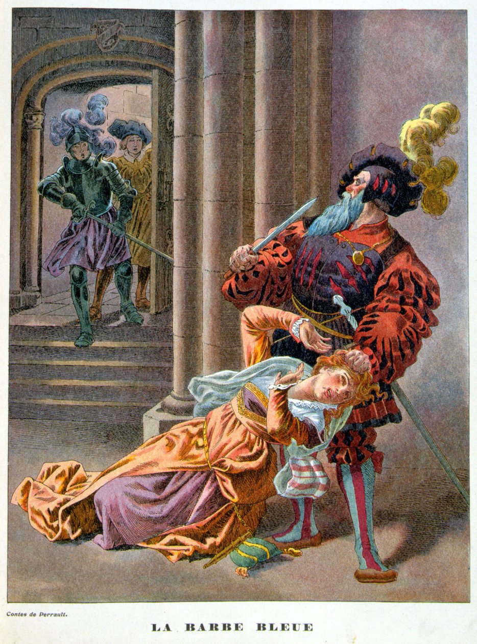 Blue beard (surprised taking a woman by the hair). 19th century illustration. 作者 未知艺术家