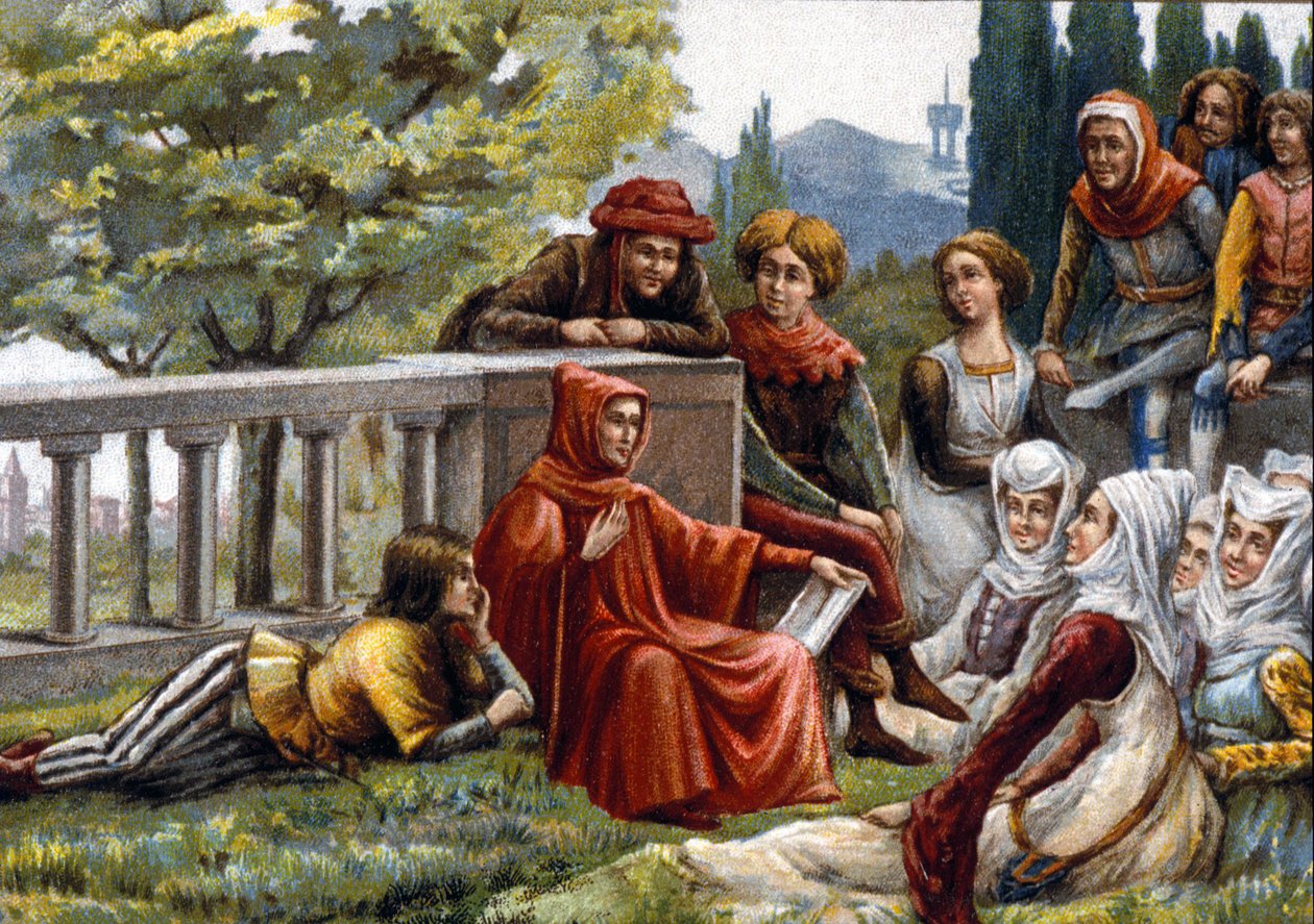 薄伽丘 (Boccaccio) 于 1348 年左右在佛罗伦萨瘟疫流行期间向他的朋友朗读《十日谈》。19 世纪后期的彩色石版画。 作者 未知艺术家