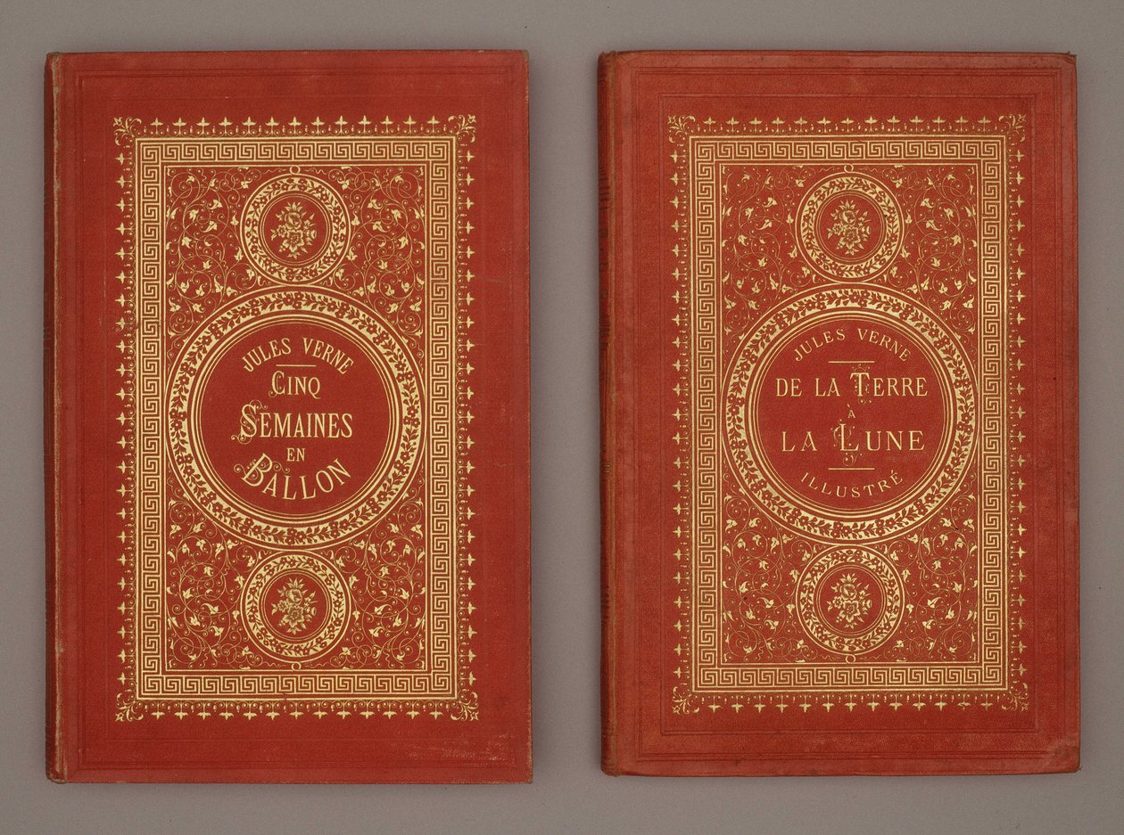 儒勒·凡尔纳 (Jules Verne) 的书籍封面“气球中的五个星期”和“从地球到月球” 作者 未知艺术家