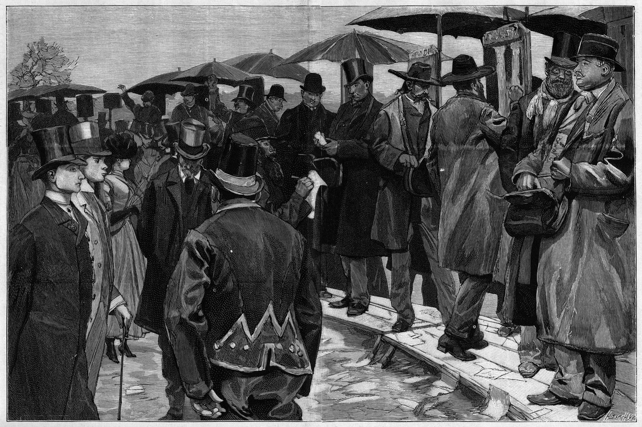 1887年《世界画报》中的奥特伊赛马场的赌徒们，在拆除纠察队之前。 作者 未知艺术家