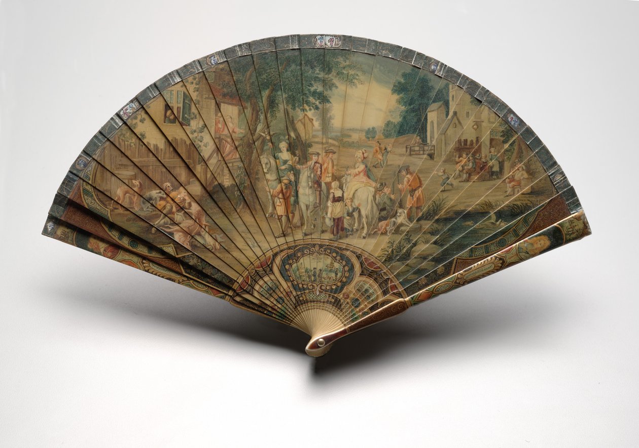 带狩猎场景的Brisé风扇，约1880-1900年（赛璐blade叶片上的油，纸带，人造to壳和黄铜） 作者 未知艺术家
