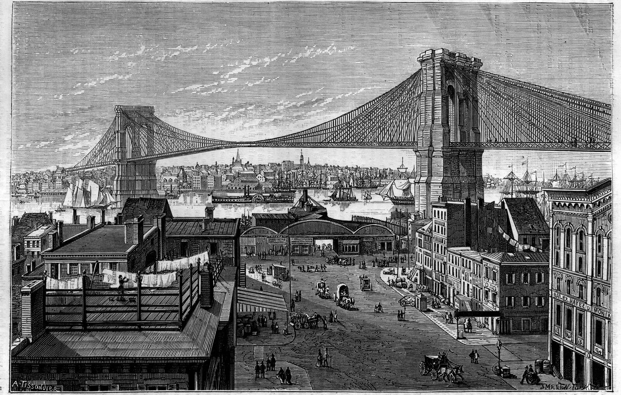 布鲁克林大桥。始于1869年，雕刻时正在施工，将于1883年完工。纽约（New York），美国（United States）。雕刻于《自然：科学与艺术和工业应用杂志》（La Nature: revue des sciences et de leurs applications aux arts et a l
