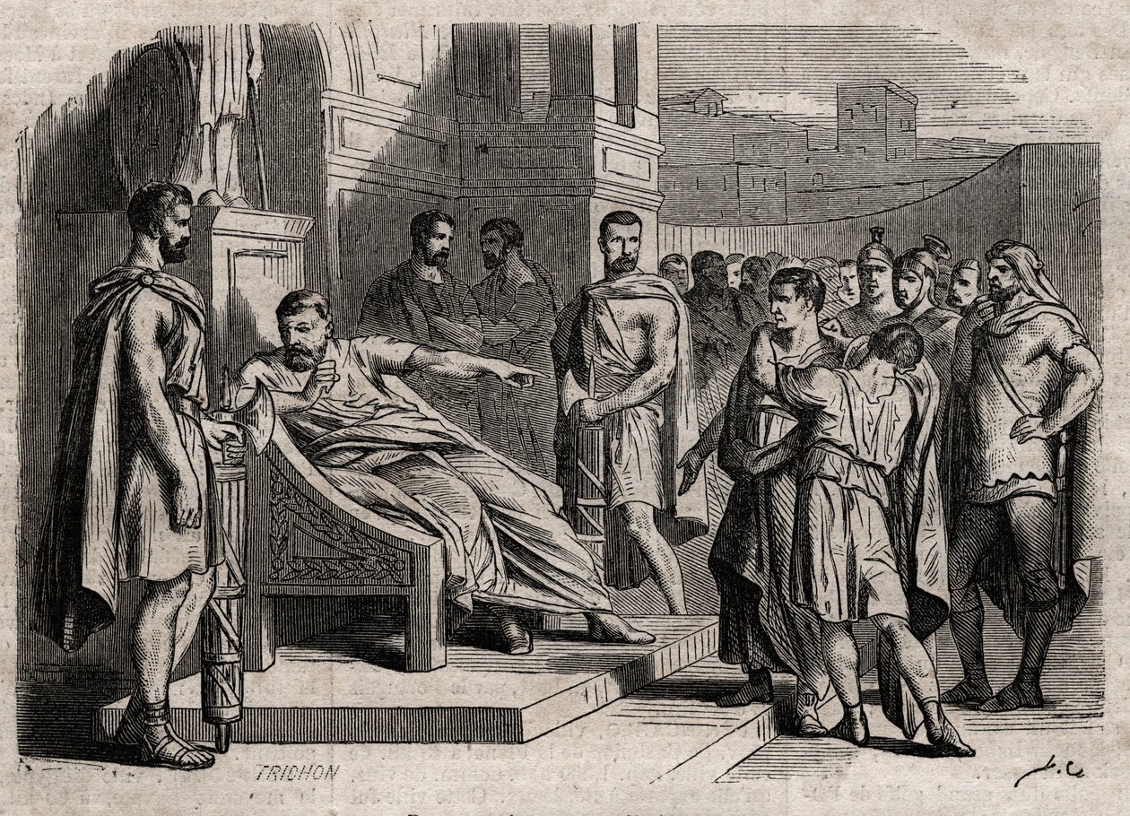 布鲁图判处儿子死刑--布鲁图（Marcus Junius Brutus，公元前85-42年）判处儿子死刑--《杰出人物词典》中的雕刻--1864年--Joseph Decembre和Edmond Allonier的作品。 作者 未知艺术家