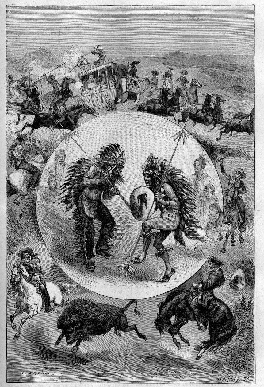 水牛比尔在巴黎的表演：由威廉-弗雷德里克-科迪的剧团（1846-1917年）提出的练习，被称为水牛比尔（袭击勤奋者、苏族舞蹈、水牛狩猎）。雕刻在 "La Nature.科学与艺术应用杂志》（Revue des sciences et de ses applications aux arts et a l