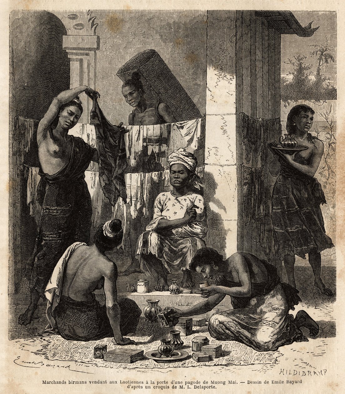 Burmese merchants selling fabrics and perfumes to Laotian women at the door of a pagoda in Muong Mai. Engraving to illustrate the voyage of exploration in Indochina, by Francis Garnier, lieutenant de Vaissseau, in 1866-1868, published in “” Le tour du mond 作者 未知艺术家