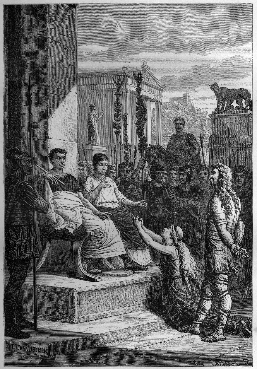 卡马库斯的囚禁--卡拉塔库斯（Caratacos，Caratacus）和他的家人在罗马皇帝克劳狄斯（Claudius）（公元前10年-公元54年）面前被囚禁--Francois Guizot 1877年所作的《L