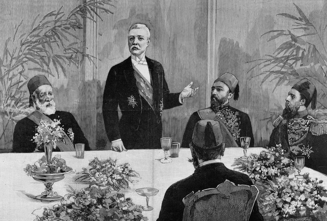 开罗。斯坦利（亨利-莫顿爵士）（1841 - 1904）在宴会上发表演讲。19世纪的雕版画。 作者 未知艺术家
