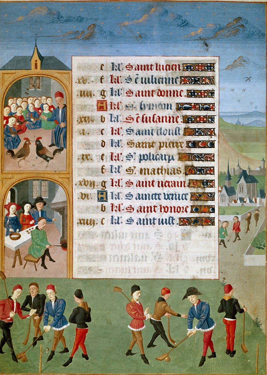 Calendar: February, the different games: a kind of cricket, the rooster fights - Miniature of the Master of Jean Rolin from the manuscript “” Les Hours d
