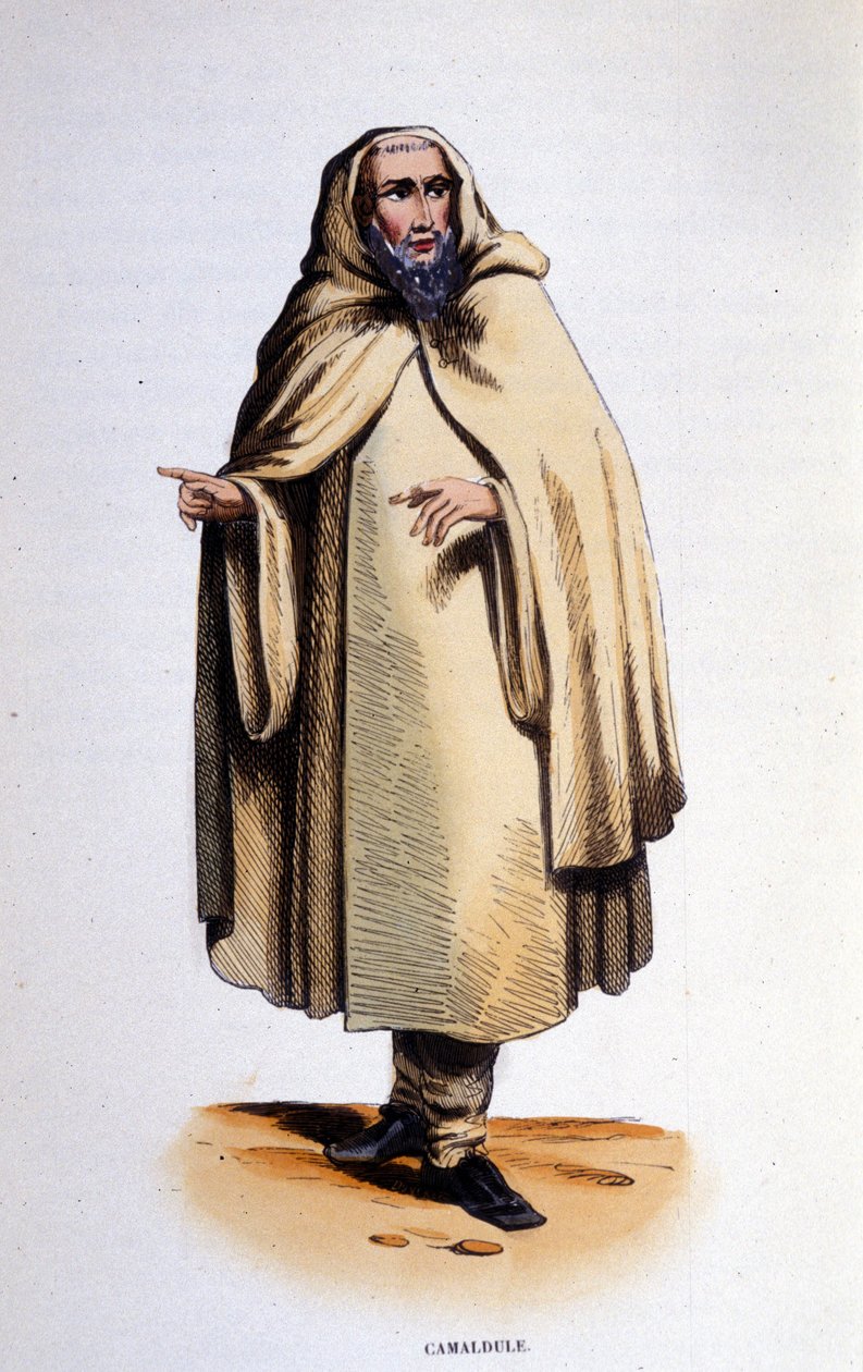 Camaldule，一个宗教团体（隐士和僧侣）的成员，由 Saint Romuald 于 1010 年在 Camaldoli（托斯卡纳）山谷建立。19 世纪的雕刻。 作者 未知艺术家