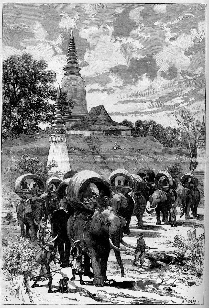 柬埔寨：法国保护国的狩猎车队在Lady Penh山前（Pnom Penh, Pnom Penh） 在5月20日的《图解世界》第1312期中 作者 未知艺术家