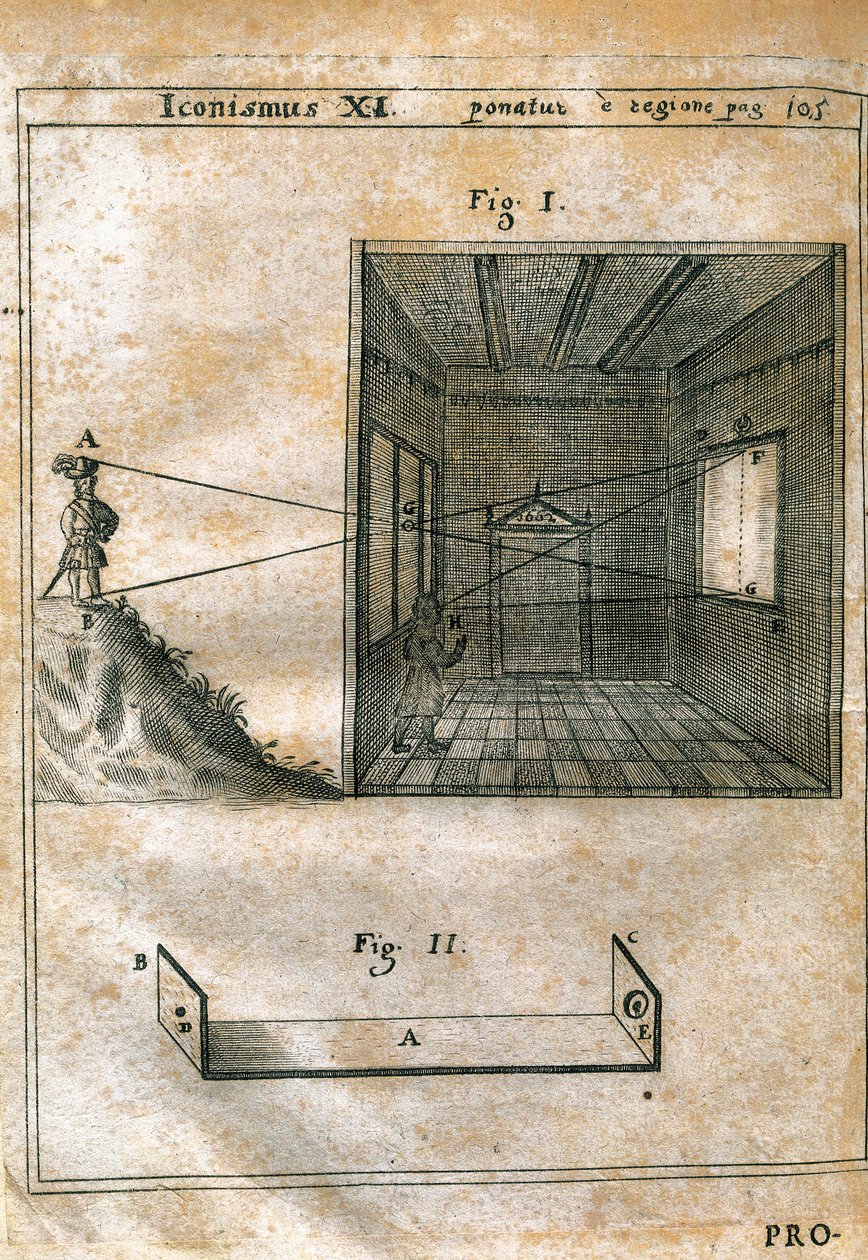 暗室。 Giovanni Battista Giambattista della Porta（1535-1615）在“自然魔法”（1558）中雕刻。 1659 年版。雕刻。 作者 未知艺术家
