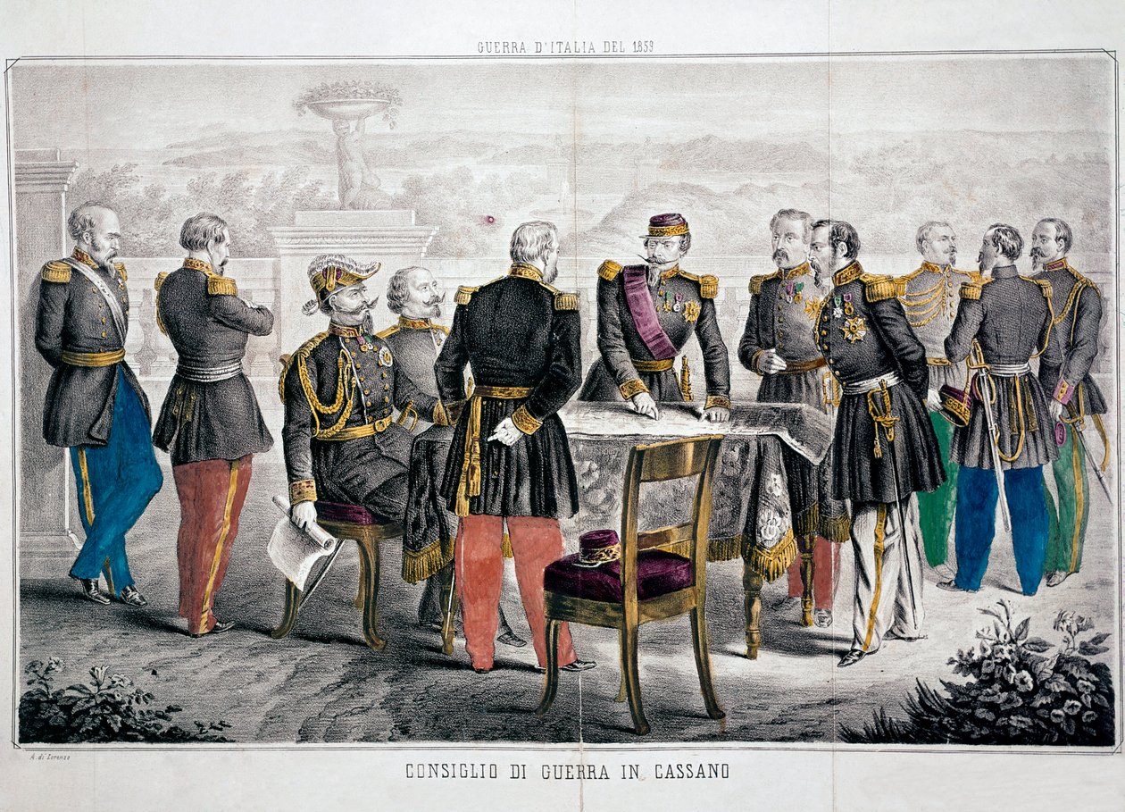 1859 年意大利战役：卡萨诺的战争委员会召开了维托里奥·埃马努埃莱二世（Victor-Emmanuel 或 Victor Emmanuel）和拿破仑三世皇帝的会议。 私人收藏 作者 未知艺术家