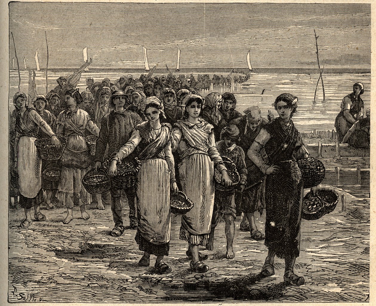 Cancale - 布列塔尼 - Les cancalaises au retour des bateau de fishing - - "PATRIE" 中的雕刻 - DESCRIPTION PECTUREQUIREQUE DE LA FRANCE EN 6 VOLUES BY LUCIEN HUARD - 19世纪末 作者 未知艺术家