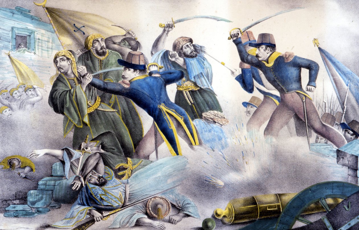 Capture of Constantine in Algeria in 1837 by Marshal Valée. Color lithograph of the 19th century. 作者 未知艺术家