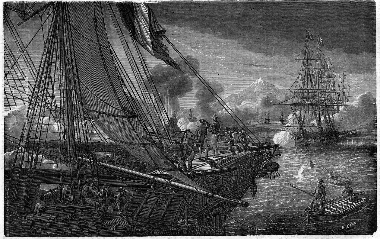 1838年11月27日，鲍丁海军上将率领的法国侧翼攻占了圣让-德乌洛亚（墨西哥）。 作者 未知艺术家
