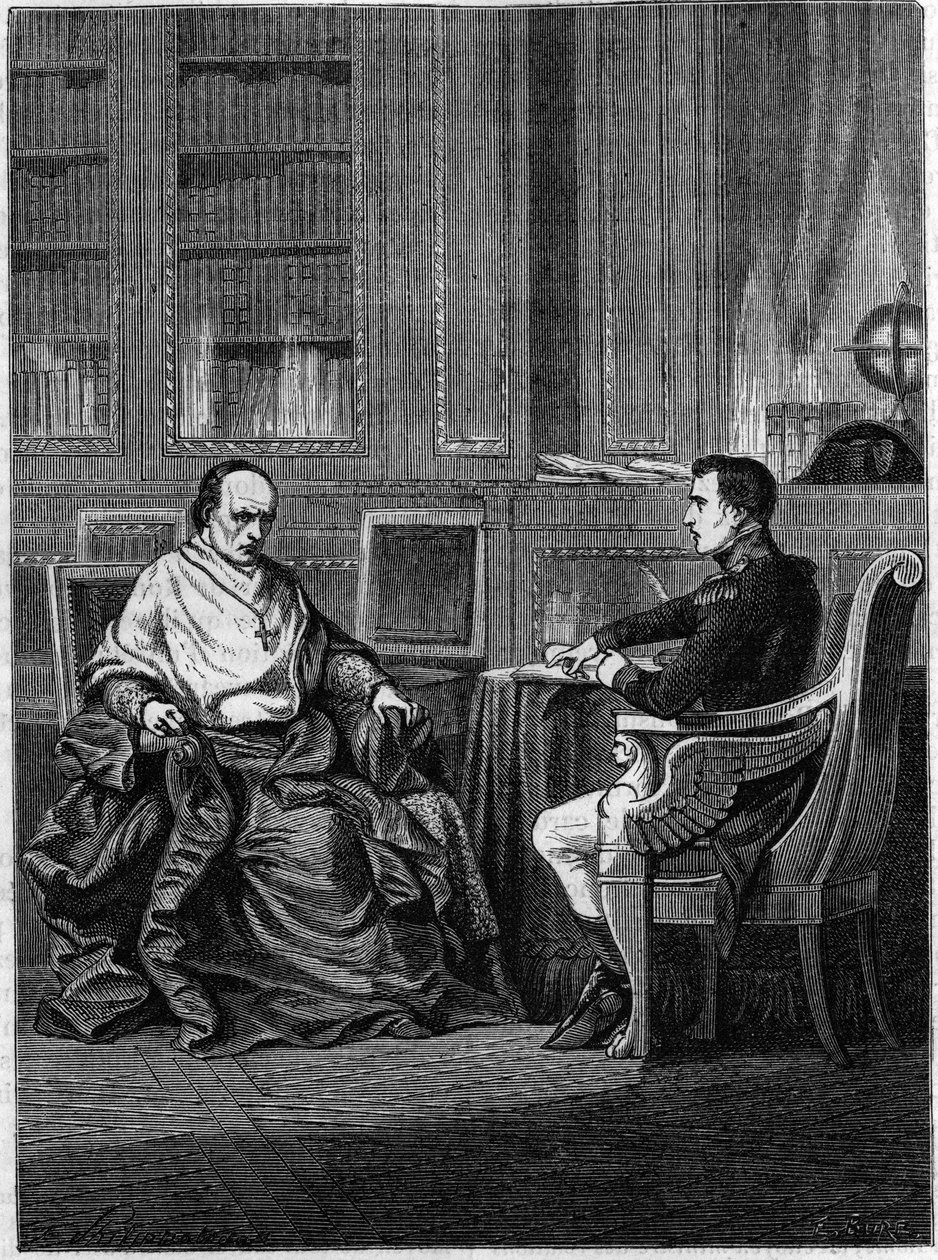 拿破仑-波拿巴于1801年在马尔马松接见了被庇护七世任命为驻巴黎公使的红衣主教詹巴蒂斯塔-卡普拉拉。 作者 未知艺术家
