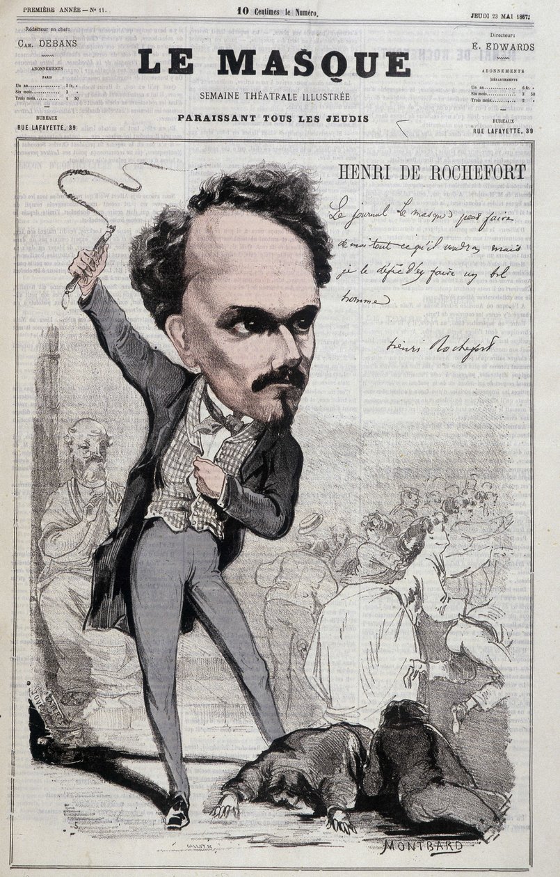 亨利-德-罗什福尔（1831-1913）的漫画，法国记者和政治家，他在1867年的 "面具 "中展示了敌视坏的共和主义立场。 作者 未知艺术家