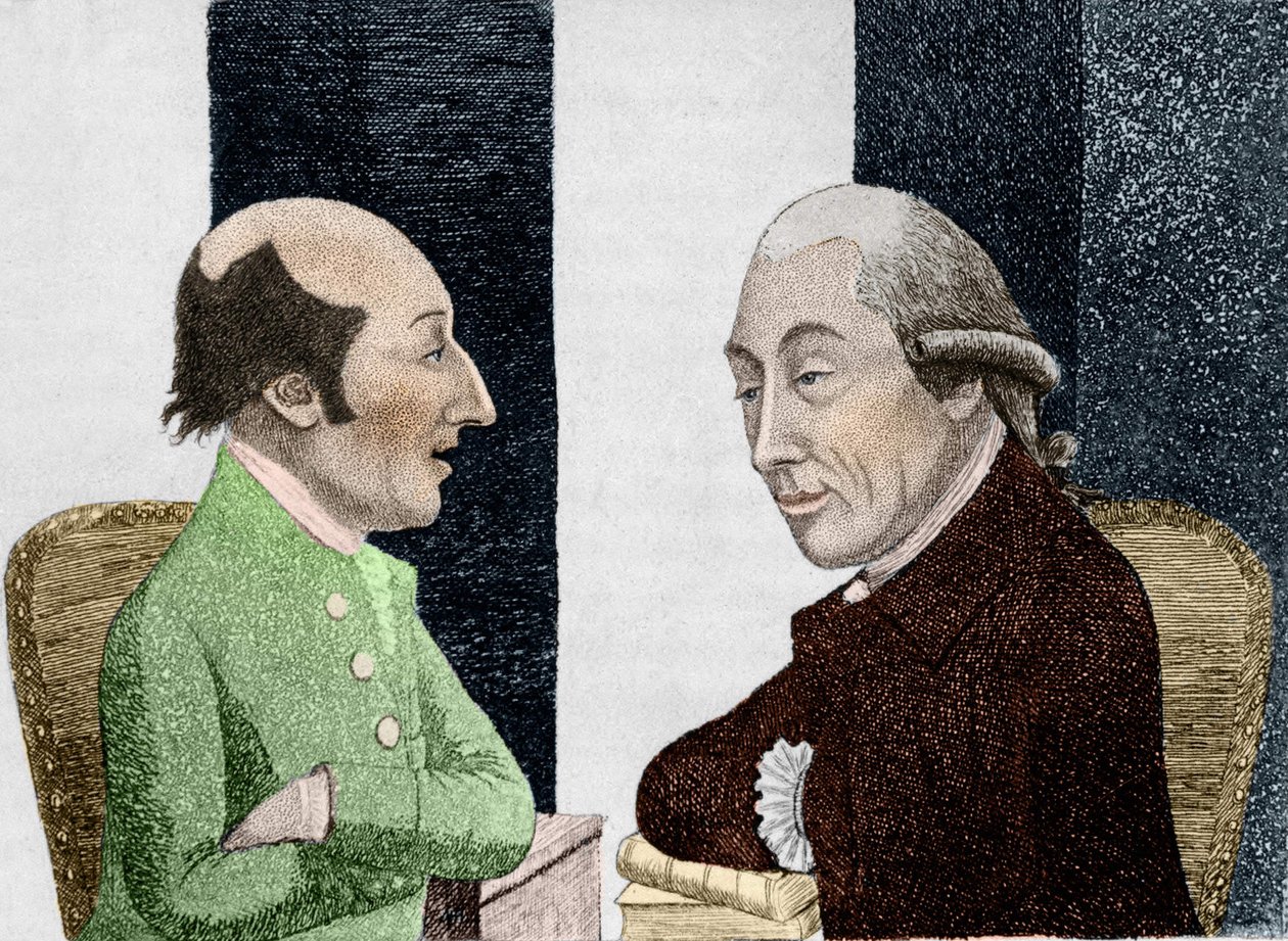左边是詹姆斯-哈顿（1726 - 1797）的漫画，右边是约瑟夫-布莱克（1728 - 1799）的漫画 19世纪初的版画 作者 未知艺术家
