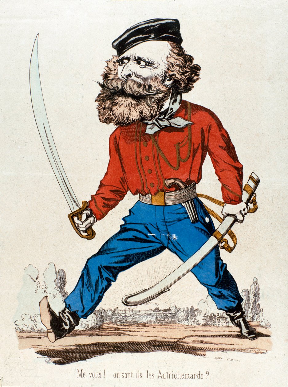 描绘朱塞佩·加里波第（1807-1882 年）、意大利爱国者和复兴运动英雄的卡通片，他惊呼“”我的声音！ ou sont les Austrihemards””” 19 世纪私人收藏的版画 - Giuseppe Garibaldi (1807-1882)，意大利爱国者和 Riso 作者 未知艺术家