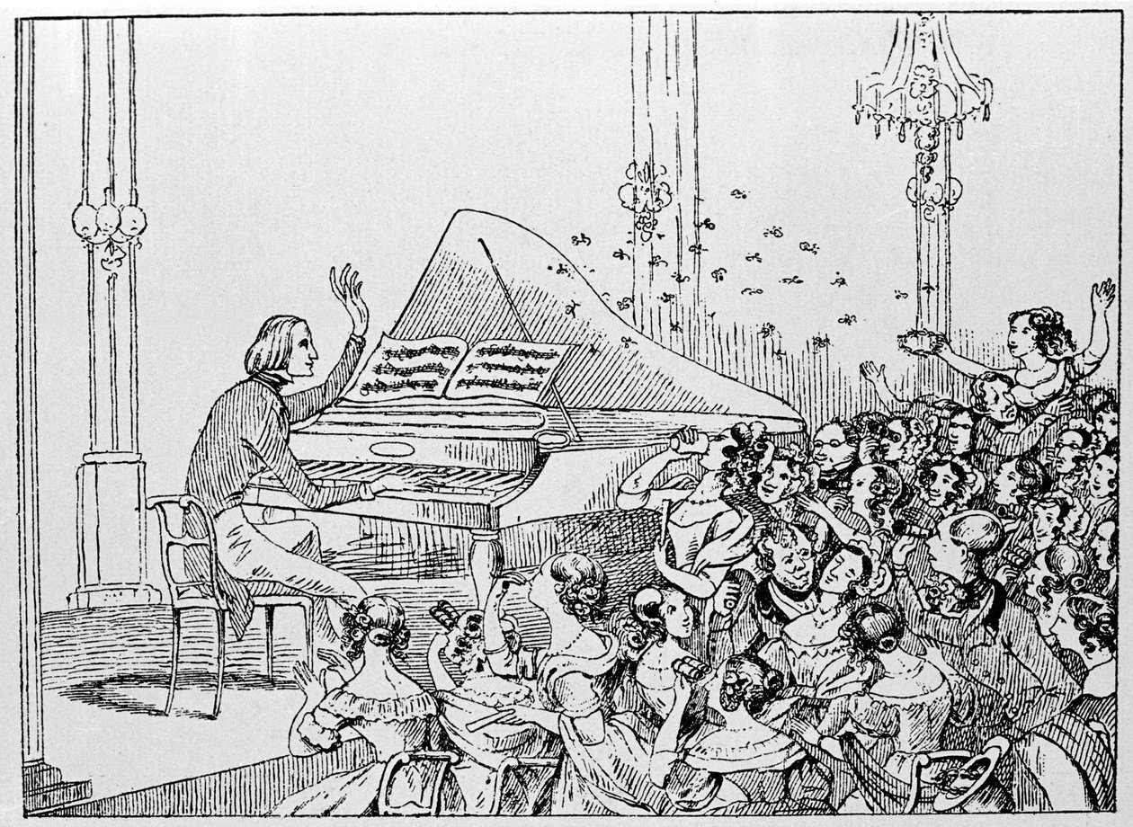 弗朗茨·李斯特 (Franz Liszt) 于 1842 年在柏林音乐会上取得胜利的卡通片。 作者 未知艺术家