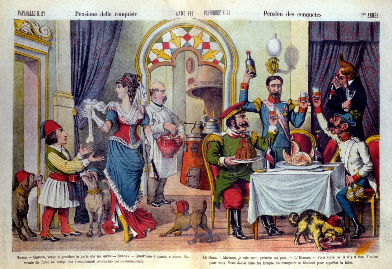 1878 年柏林大会（Congresso di Berlino）上意大利报纸“Le Parroquet”（il Pappagallo）的漫画（外交会议）。 柏林大会召开审查俄罗斯对土耳其的不公：土耳其人被迫接受哈 作者 未知艺术家