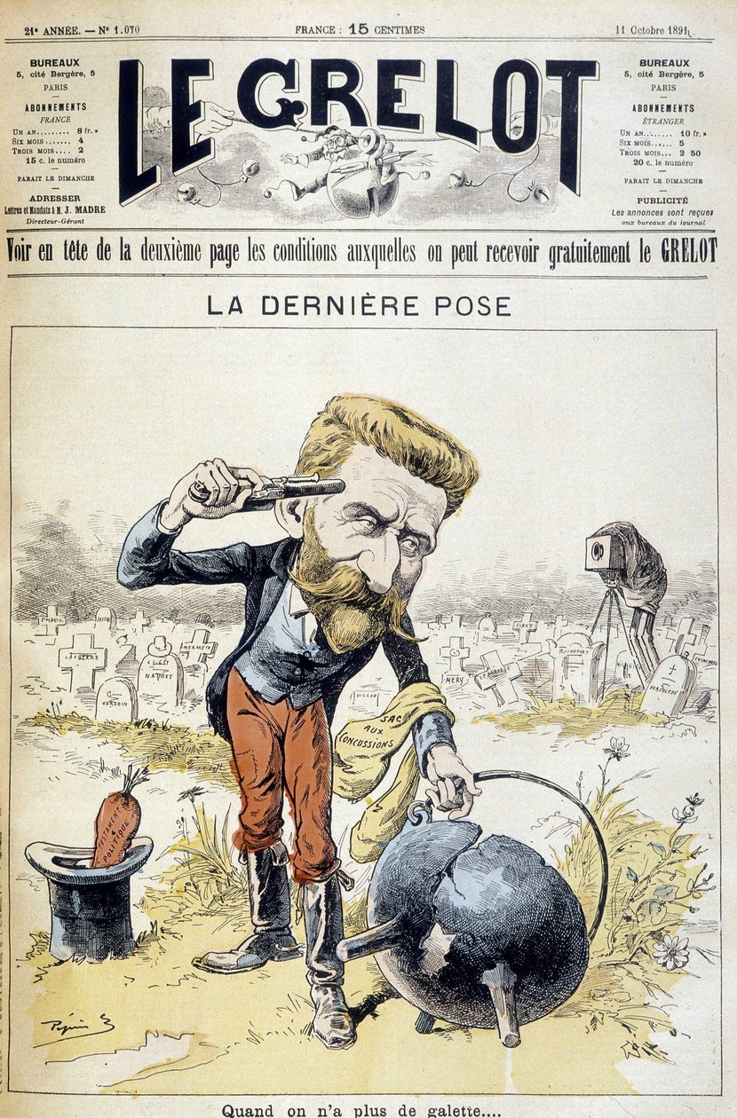 布朗热将军自杀的卡通片——1891 年 10 月 11 日的“Le Grelot” 作者 未知艺术家